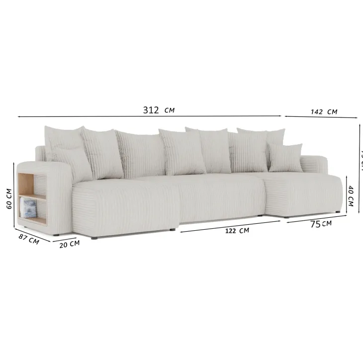 Divano letto panoramico 312x142cm velluto a coste con libreria a sinistra grigio chiaro Mistery