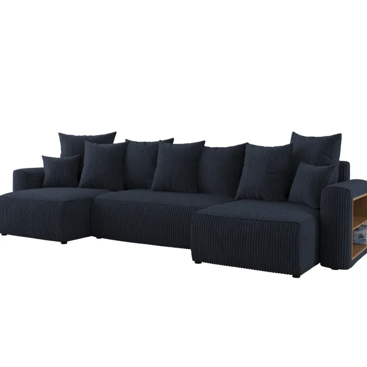 Divano letto panoramico 312x142cm velluto a coste con libreria a destra nero Mistery