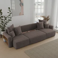 Divano letto panoramico 312x142cm velluto a coste con libreria a sinistra marrone Mistery