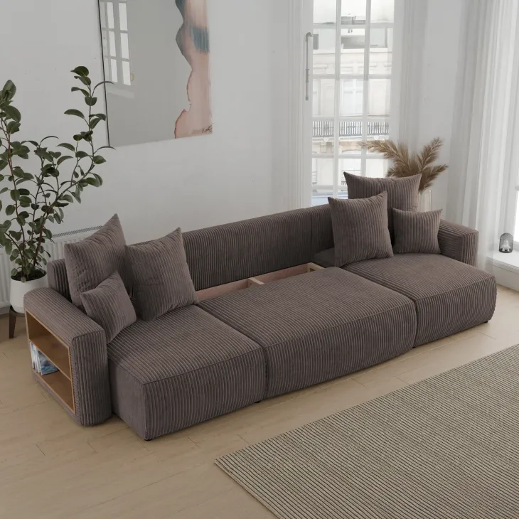 Divano letto panoramico 312x142cm velluto a coste con libreria a sinistra marrone Mistery