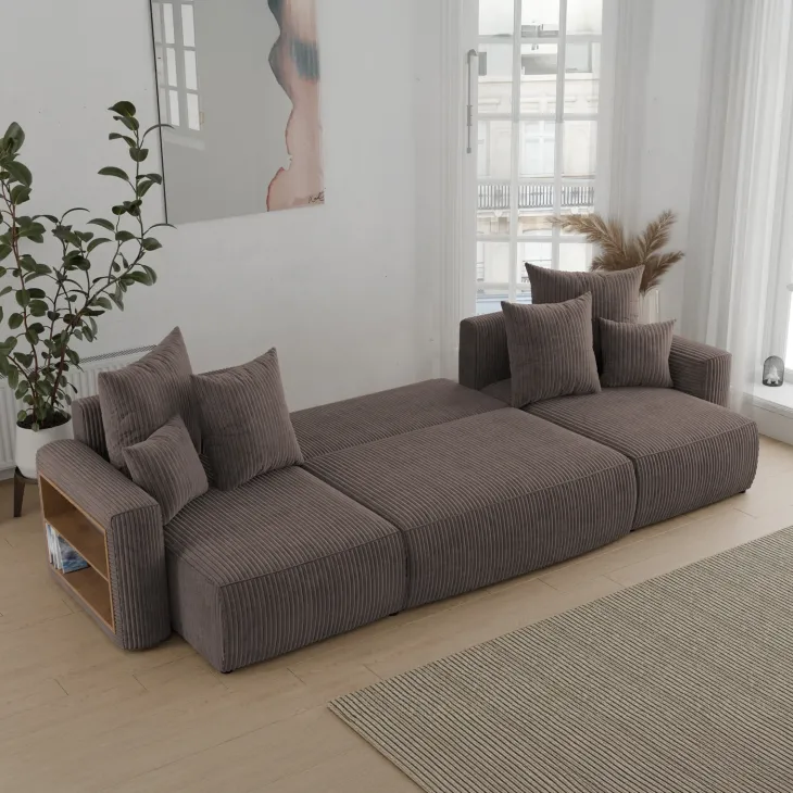 Divano letto panoramico 312x142cm velluto a coste con libreria a sinistra marrone Mistery