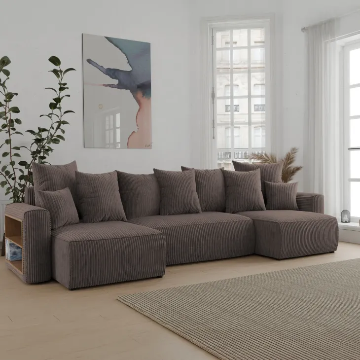 Divano letto panoramico 312x142cm velluto a coste con libreria a sinistra marrone Mistery