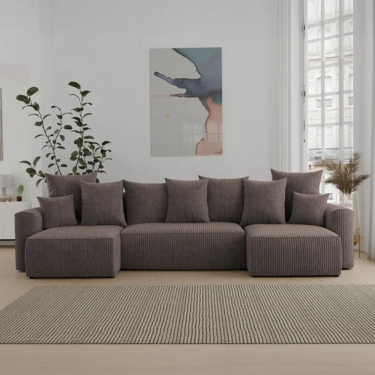 Divano letto panoramico 312x142cm velluto a coste con libreria a sinistra marrone Mistery