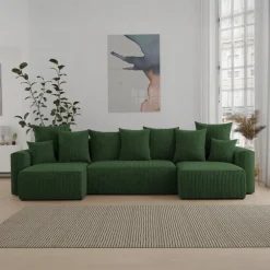 Divano letto panoramico 312x142cm velluto a coste con libreria a sinistra verde scuro Mistery