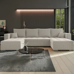 Divano letto panoramico 320x160cm velluto a coste beige Ermione