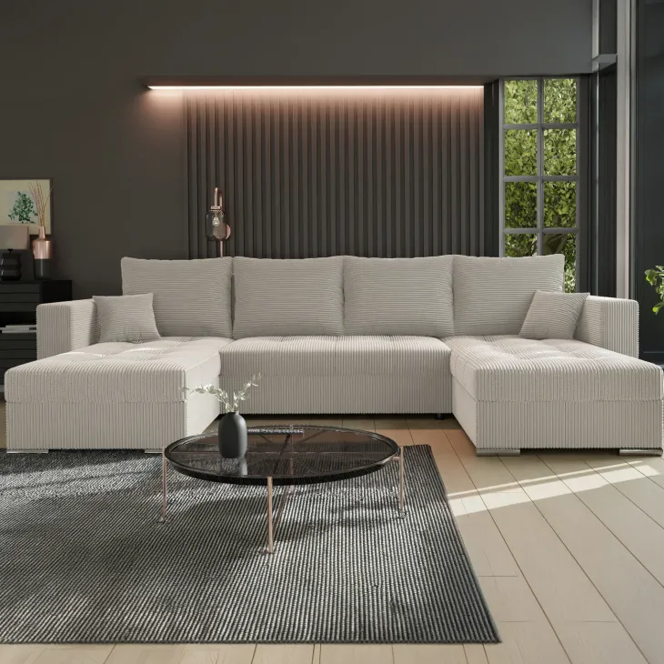 Divano letto panoramico 320x160cm velluto a coste beige Ermione