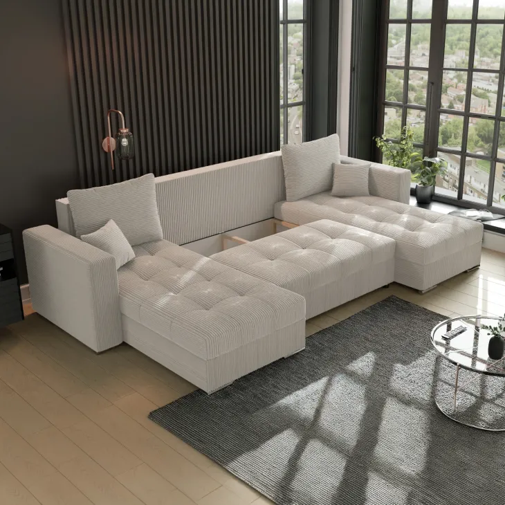 Divano letto panoramico 320x160cm velluto a coste beige Ermione