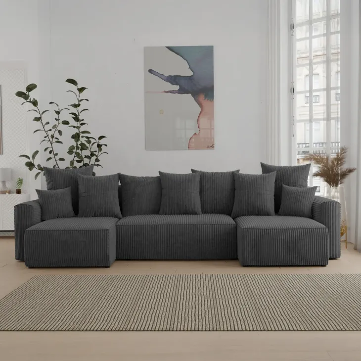Divano letto panoramico 312x142cm velluto a coste con libreria a destra antracite Mistery