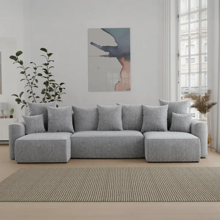 Divano letto panoramico 312x142cm velluto a coste con libreria a destra grigio chiaro Mistery