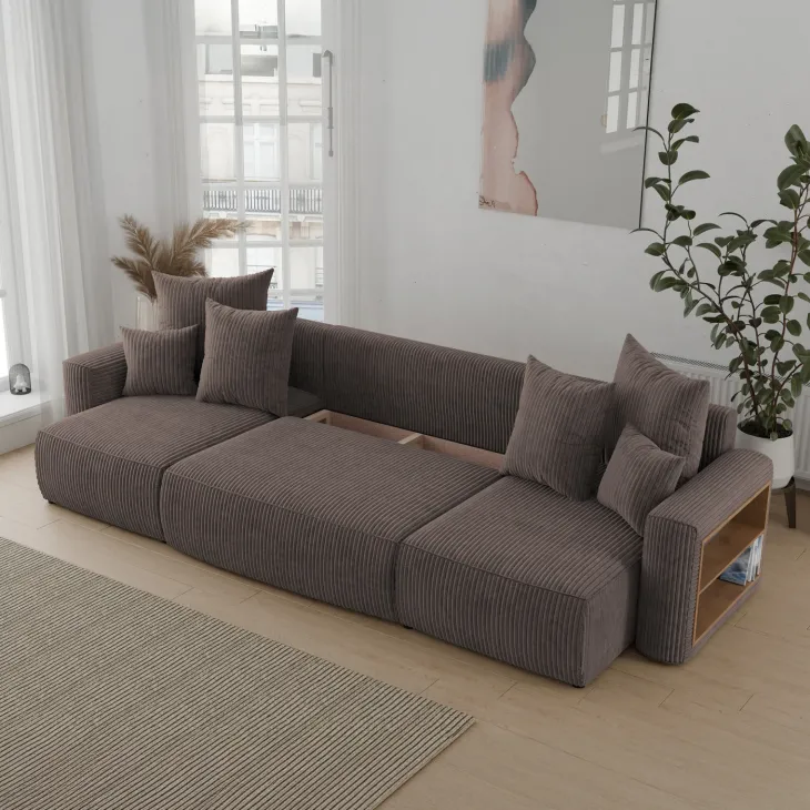 Divano letto panoramico 312x142cm velluto a coste con libreria a destra marrone Mistery
