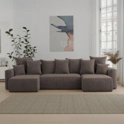 Divano letto panoramico 312x142cm velluto a coste con libreria a destra marrone Mistery