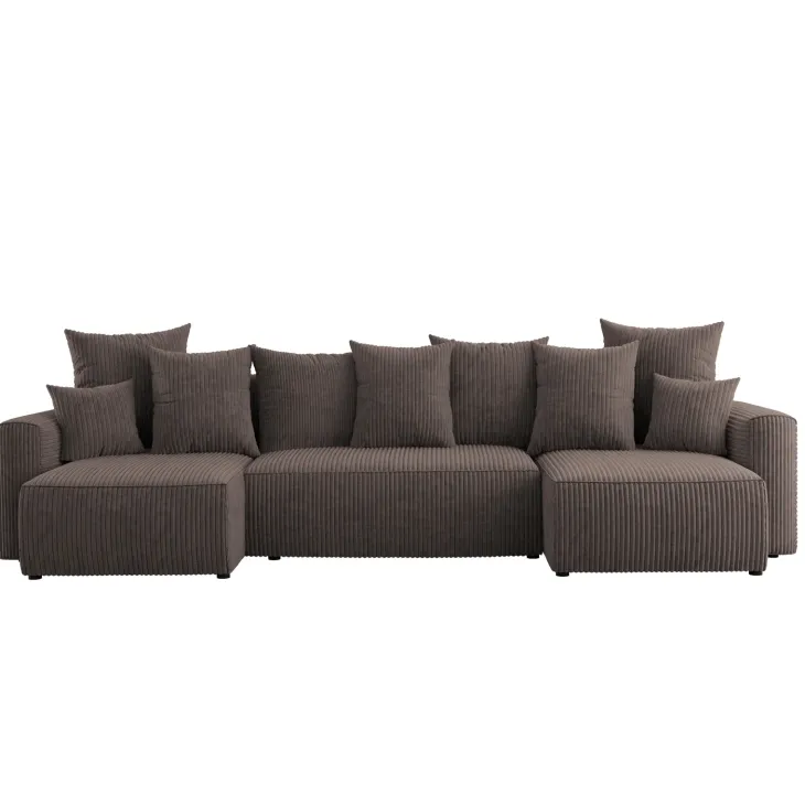 Divano letto panoramico 312x142cm velluto a coste con libreria a destra marrone Mistery