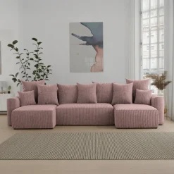 Divano letto panoramico 312x142cm velluto a coste con libreria a destra rosa antico Mistery