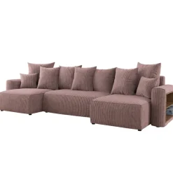 Divano letto panoramico 312x142cm velluto a coste con libreria a destra rosa antico Mistery
