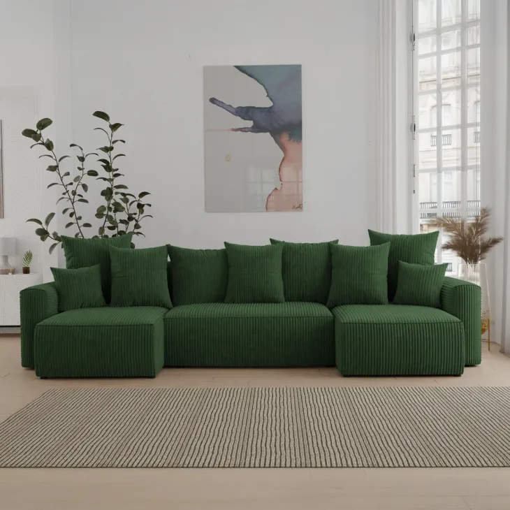 Divano letto panoramico 312x142cm velluto a coste con libreria a destra verde scuro Mistery