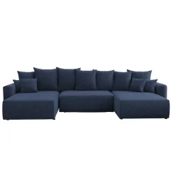 Divano letto panoramico 350x160cm velluto a coste con libreria a sinistra blu Mistery
