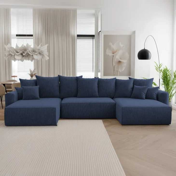 Divano letto panoramico 350x160cm velluto a coste con libreria a sinistra blu Mistery