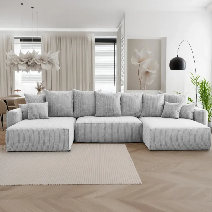 Divano letto panoramico 350x160cm velluto a coste con libreria a sinistra grigio chiaro Mistery