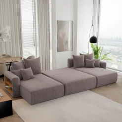 Divano letto panoramico 350x160cm velluto a coste con libreria a sinistra marrone Mistery