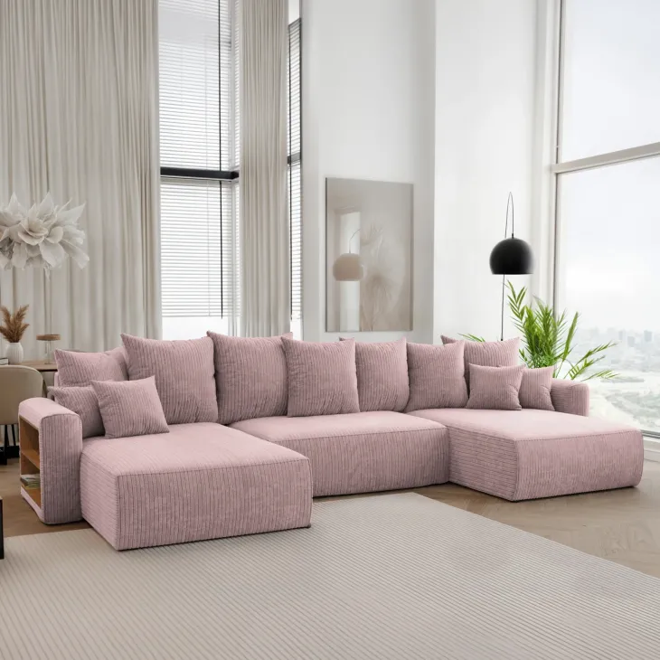 Divano letto panoramico 350x160cm velluto a coste con libreria a sinistra rosa antico Mistery