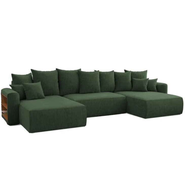 Divano letto panoramico 350x160cm velluto a coste con libreria a sinistra verde scuro Mistery