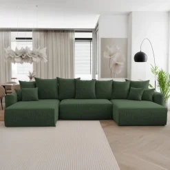Divano letto panoramico 350x160cm velluto a coste con libreria a sinistra verde scuro Mistery