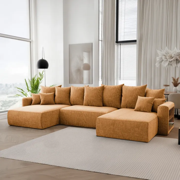 Divano letto panoramico 350x160cm velluto a coste con libreria a destra giallo senape Mistery