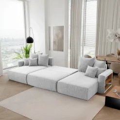 Divano letto panoramico 350x160cm velluto a coste con libreria a destra grigio chiaro Mistery