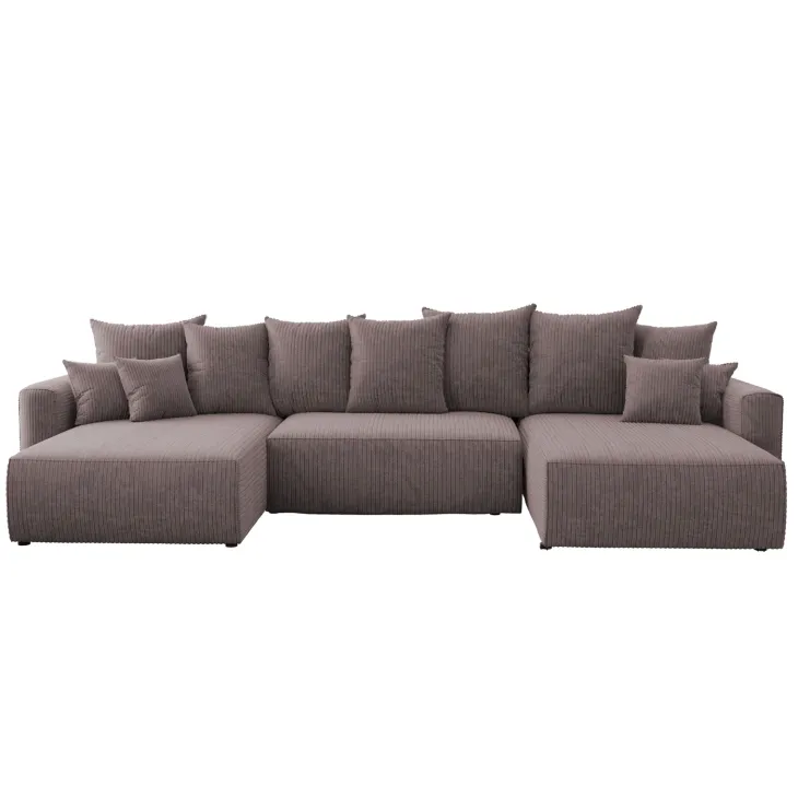 Divano letto panoramico 350x160cm velluto a coste con libreria a destra marrone Mistery