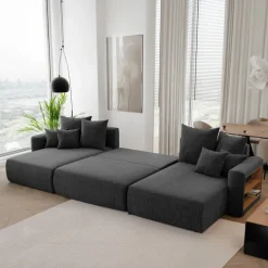 Divano letto panoramico 350x160cm velluto a coste con libreria a destra nero Mistery