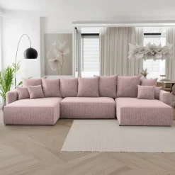 Divano letto panoramico 350x160cm velluto a coste con libreria a destra rosa antico Mistery