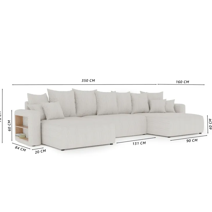 Divano letto panoramico 350x160cm velluto a coste con libreria a destra rosa antico Mistery