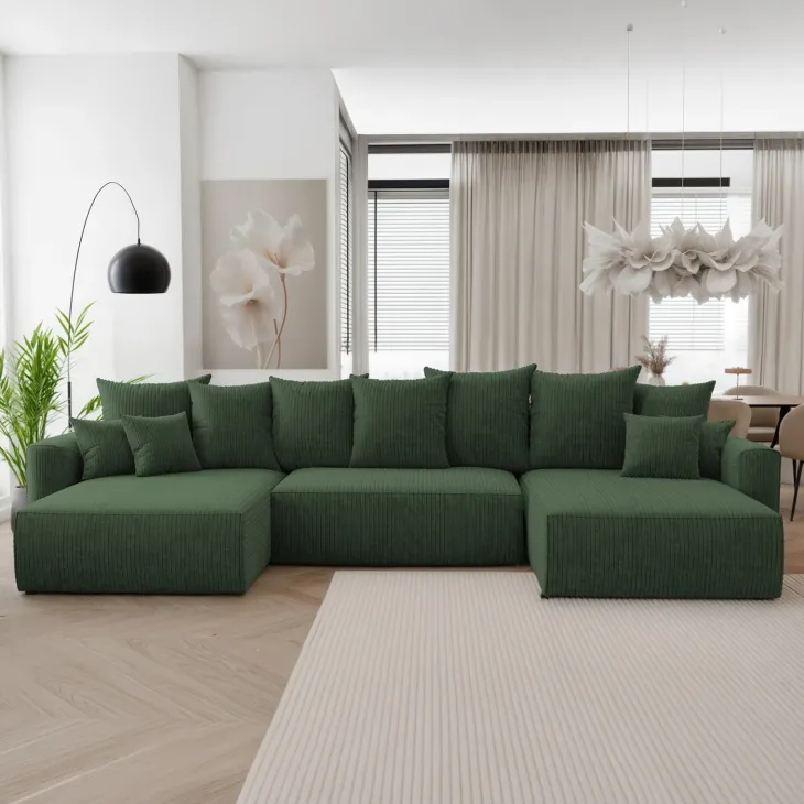 Divano letto panoramico 350x160cm velluto a coste con libreria a destra verde scuro Mistery