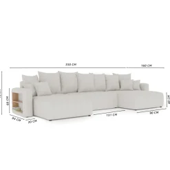 Divano letto panoramico 350x160cm velluto a coste con libreria a sinistra nero Mistery