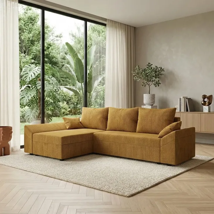Divano letto 3 posti reversibile 240x140cm matrimoniale angolare velluto a coste senape ocra Appia