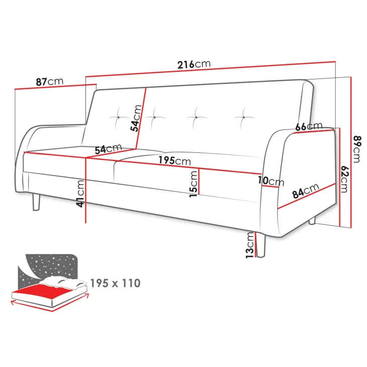 Divano letto 2 posti 216x87cm con box contenitore grigio Nebbia