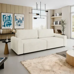 Divano letto 3 posti 240x95 cm con box contenitore a trama sottile beige Olivon