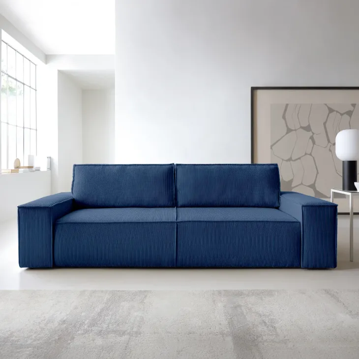 Divano letto 3 posti 257x106cm velluto a coste blu Snuggle