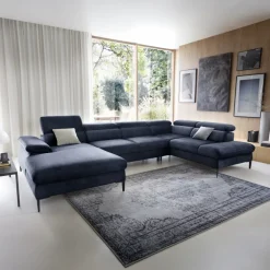 Divano letto regolabile angolare destro 5 posti 353x214cm tessuto blu Calmora
