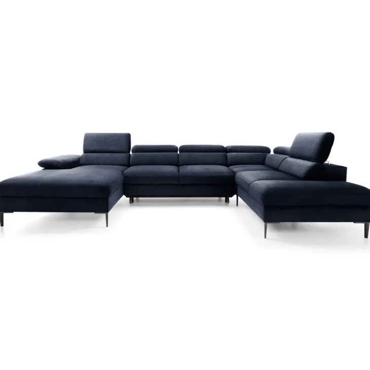 Divano letto regolabile angolare destro 5 posti 353x214cm tessuto blu Calmora