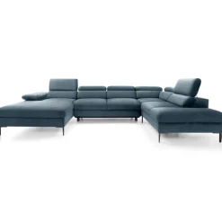 Divano letto regolabile angolare destro 5 posti 353x214cm tessuto azzurro Calmora