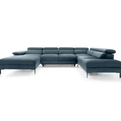 Divano letto regolabile angolare destro 5 posti 353x214cm tessuto azzurro Calmora