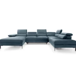 Divano letto regolabile angolare destro 5 posti 353x214cm tessuto azzurro Calmora