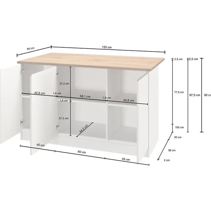 Isola cucina centrale 155x90cm 3 ante bianco laccato con piano grigio effetto pietra Gourmet