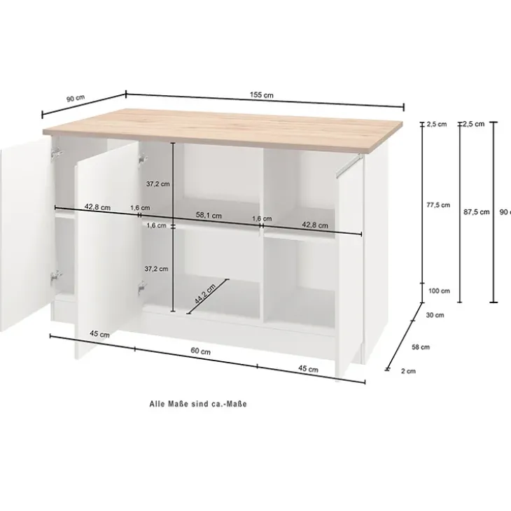 Isola cucina centrale 155x90cm 3 ante antracite opaco con piano grigio effetto pietra Gourmet