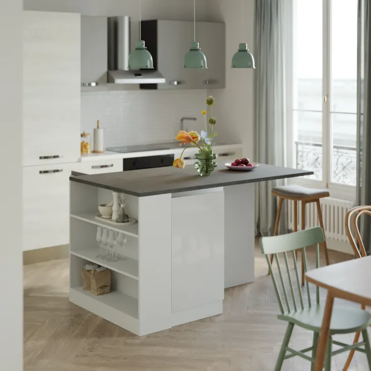 Isola cucina centrale 160x90cm 2 ante e vani bianco laccato con piano grigio effetto pietra Gourmet