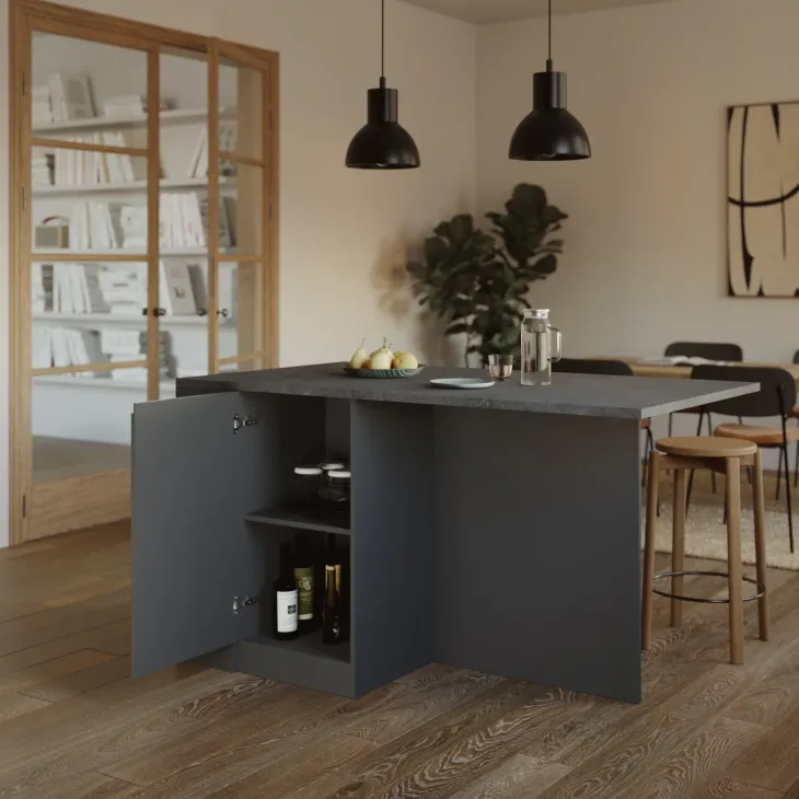 Isola cucina centrale 160x90cm 2 ante e vani antracite opaco con piano grigio effetto pietra Gourmet