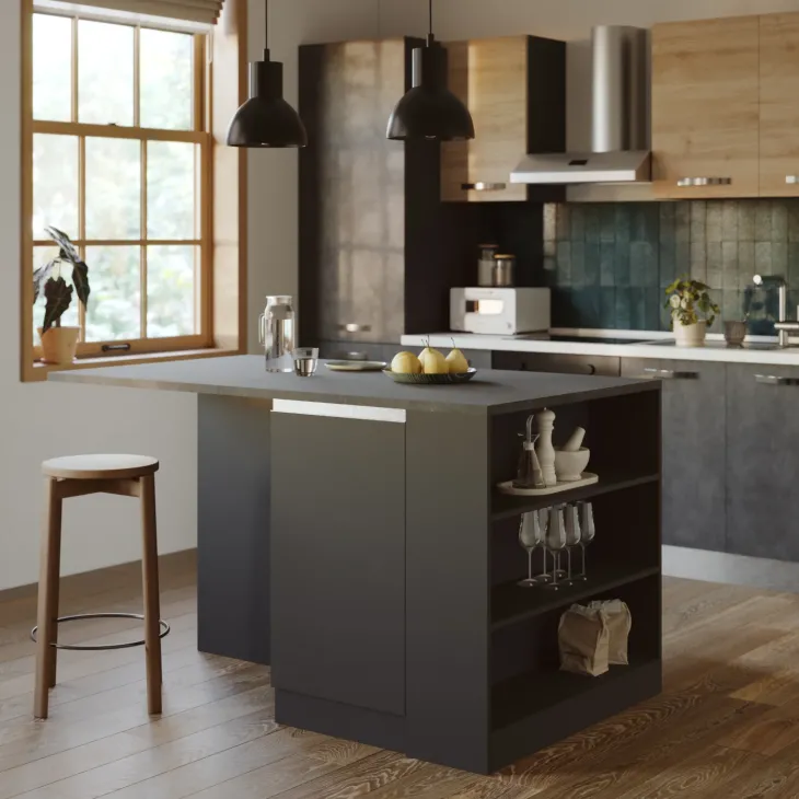 Isola cucina centrale 160x90cm 2 ante e vani antracite opaco con piano grigio effetto pietra Gourmet