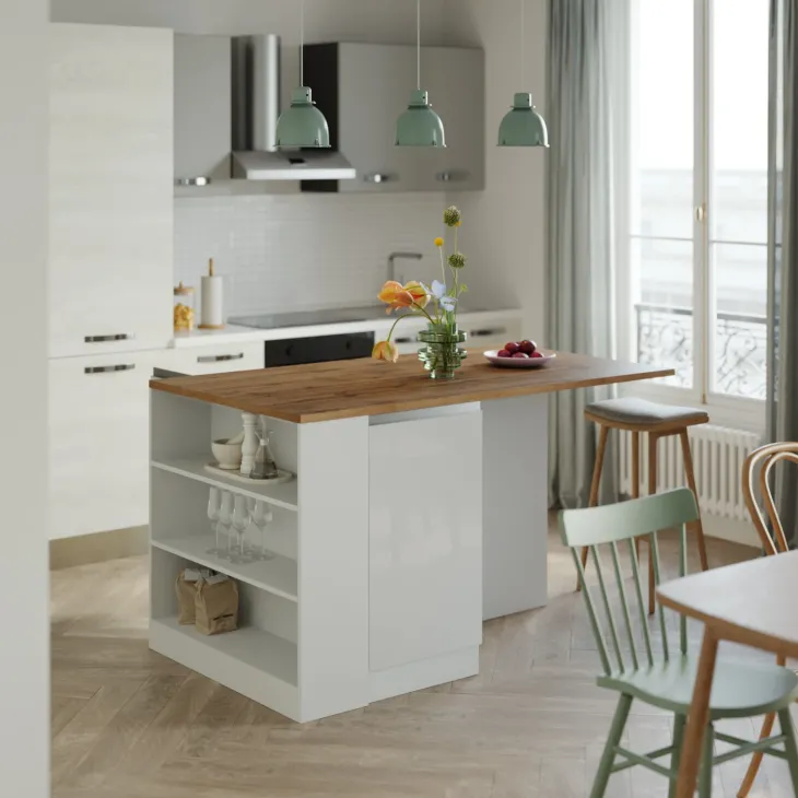 Isola cucina centrale 160x90cm 2 ante e vani bianco laccato con piano rovere Gourmet