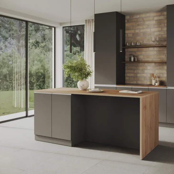 Isola cucina centrale 200x90 cm 4 ante antracite piano rovere Gourmet